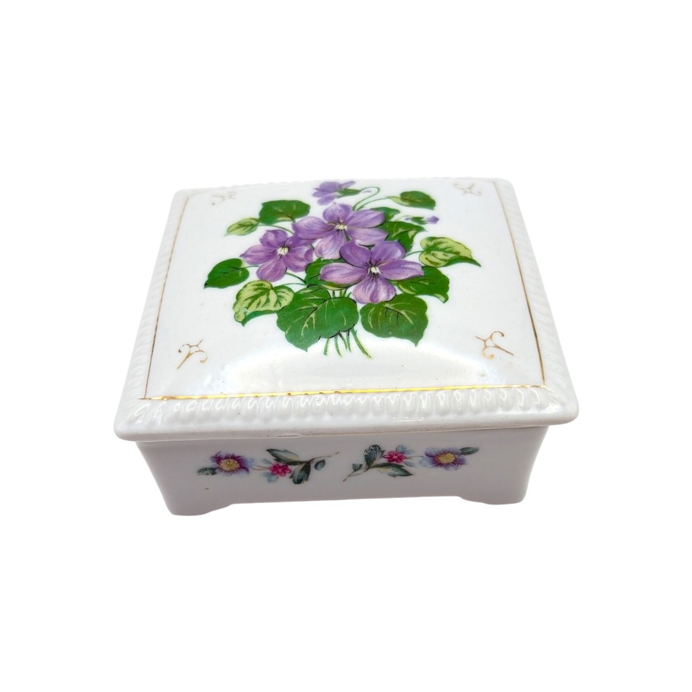Vintage Japanese Porcelain Trinket Box Purple Violets & Gold Trim Jewelry Box